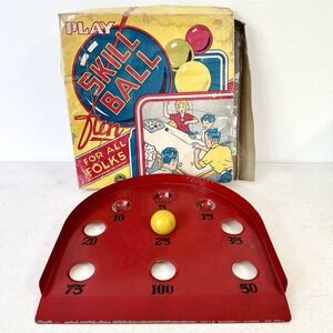 Vintage Marx Toys Pressed Steel Red Skill Ball Game With‎ One Yellow Wooden Ball